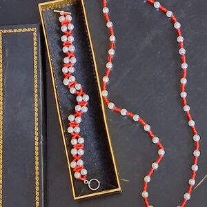 Chic Red and White Beaded Necklace Set